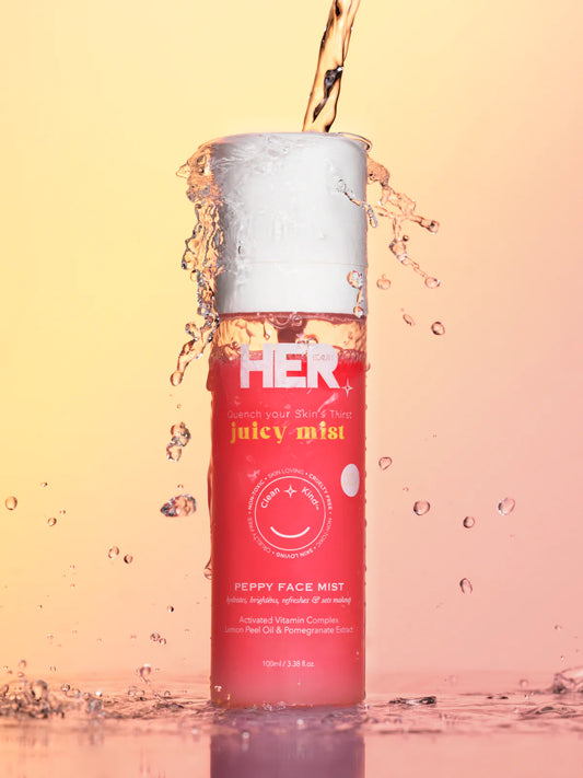 Her Beauty Juicy Mist Peppy Face Mist 100 mL: Energize and refresh with a burst of hydration. Ideal for on-the-go revitalization, promoting a dewy and radiant complexion.