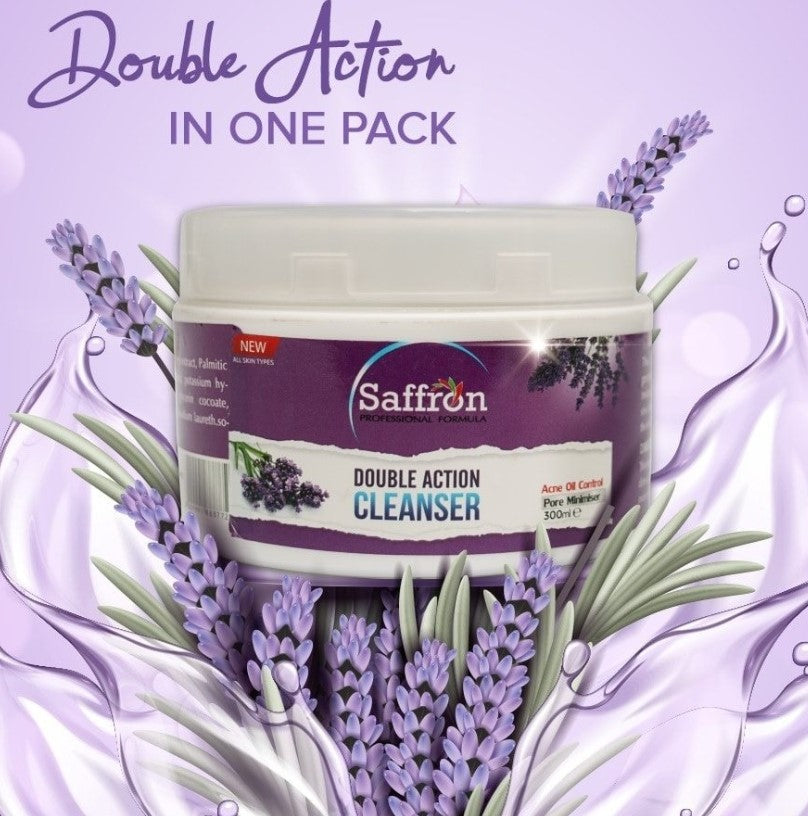 Saffron Double Action Cleanser: Dual cleansing for radiant skin (300 mL).