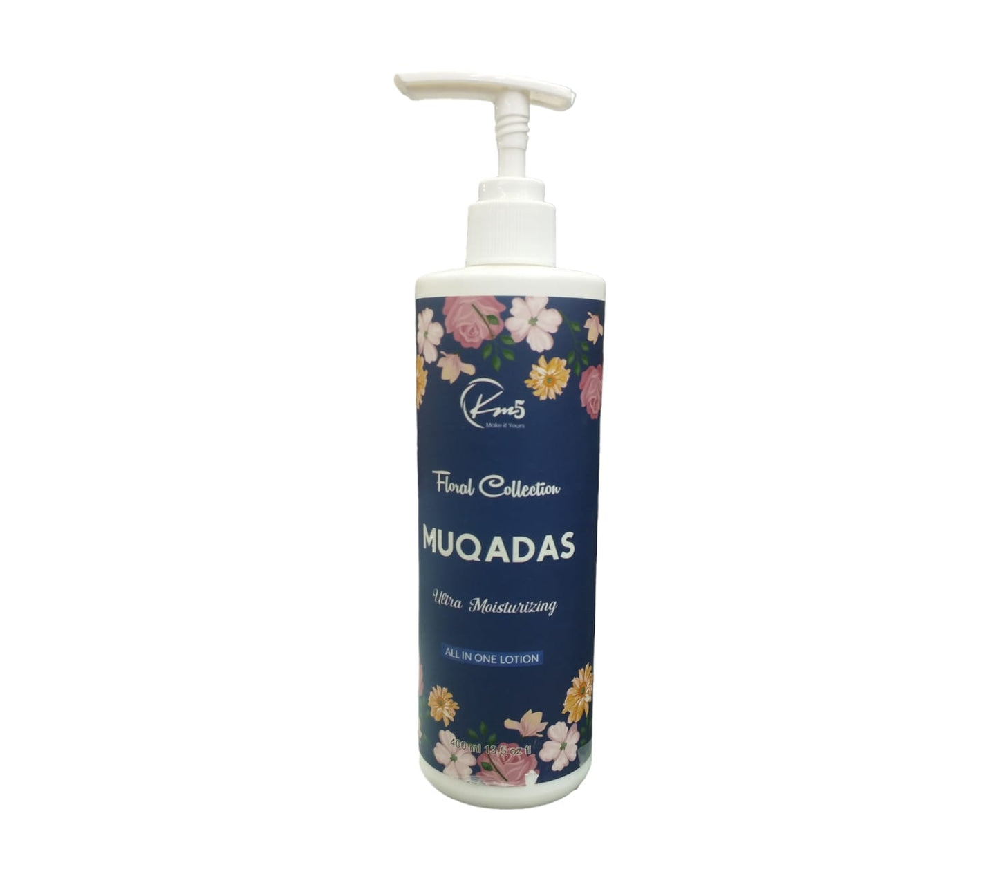 KM5 Floral Collection MUQADAS Ultra Moisturizing ALL IN ONE LOTION 400 mL: Embrace floral luxury for velvety-soft skin.